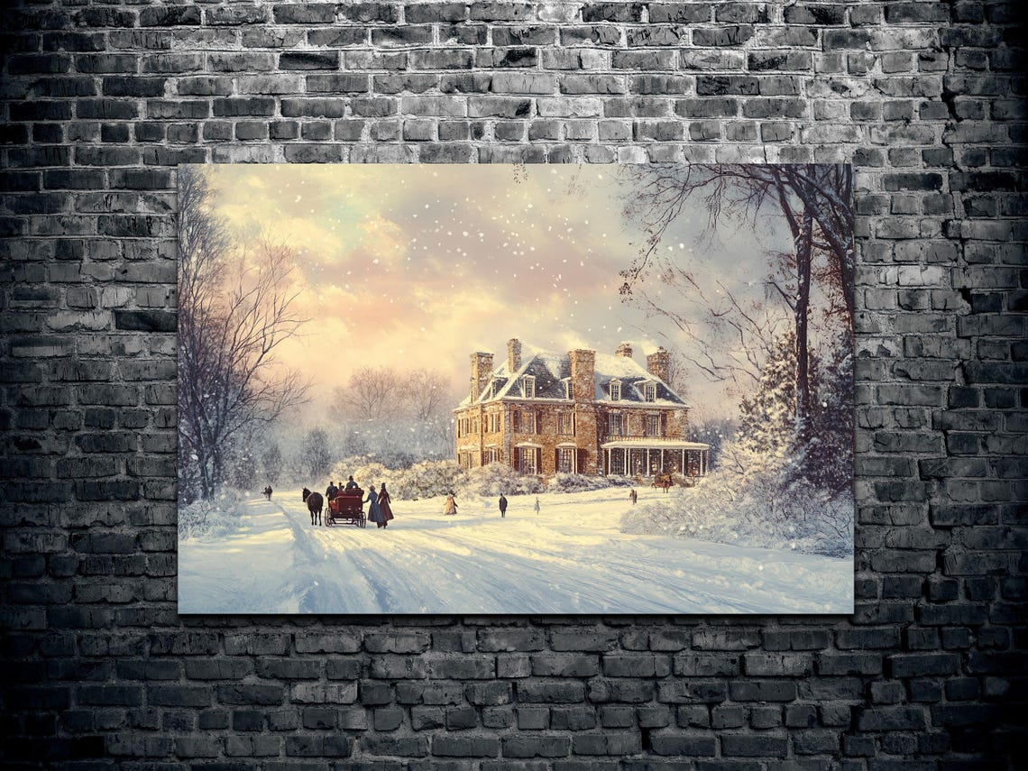 Snowy Manor Horse Sleigh Dusk Vintage Christmas Scene Poster - Image 2