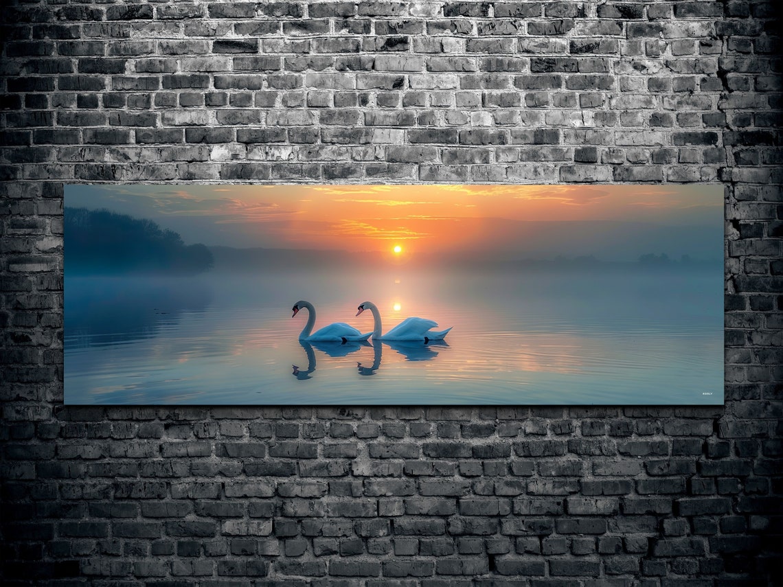 Swan Couple Misty Lake Sunrise Romantic Birds Panoramic Wall Art - Image 2