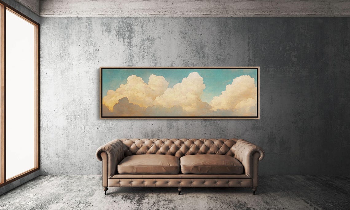Golden Cloudscape Serene Sky Wall Art Panoramic Cloud Painting Dreamy Atmosphere Print Tranquil Nature Decor