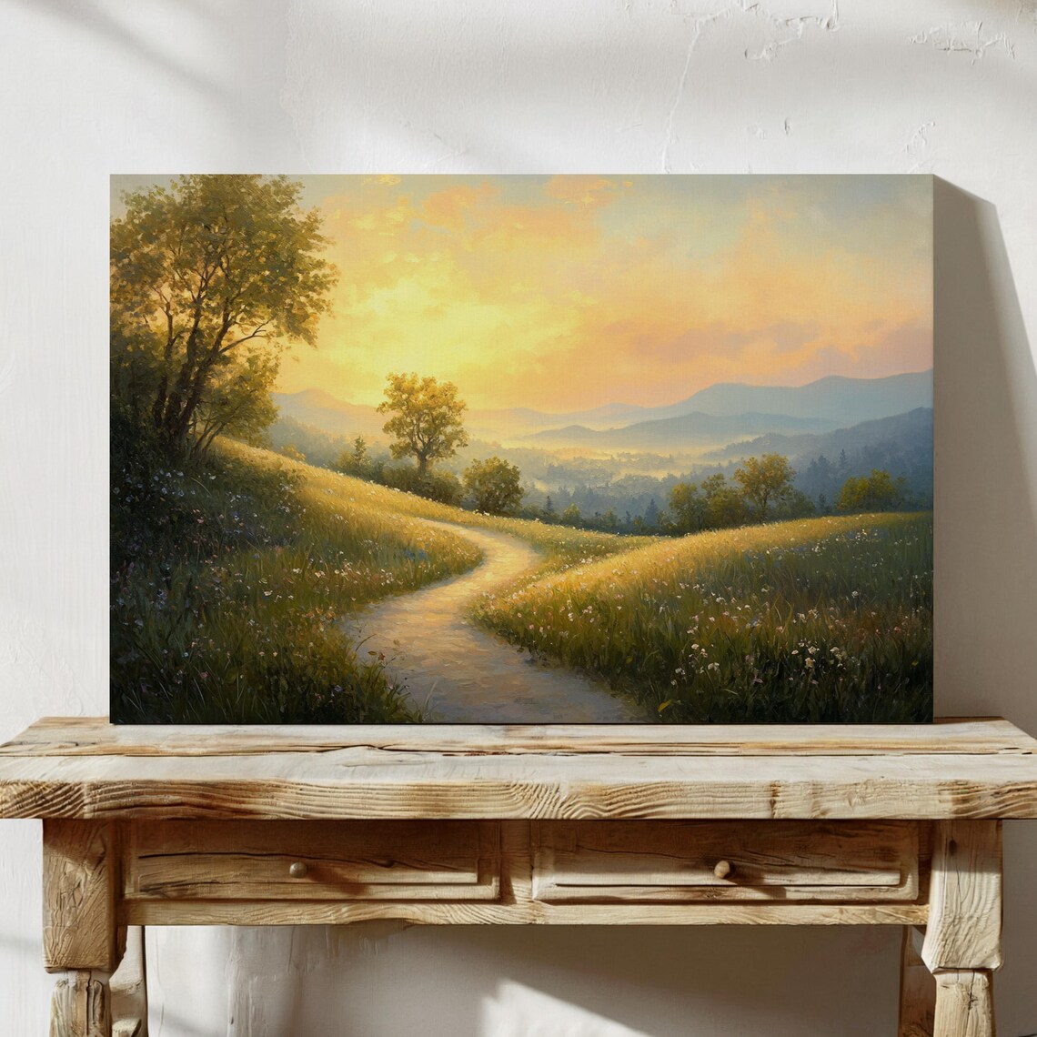 Golden Sunset Pathway Serene Countryside Hills Oil Painting Poster
