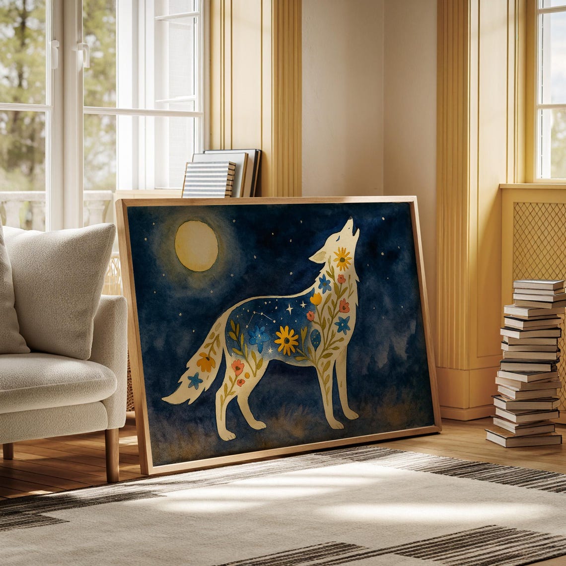 Celestial Floral Wolf Canvas Art Moonlit Night Sky Wall Decor With Constellation And Botanical Design