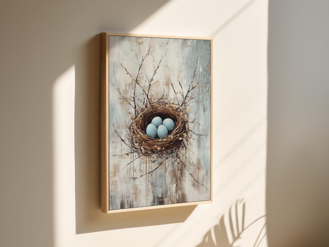 Rustic Bird Nest With Four Blue Eggs On Weathered Wood Poster