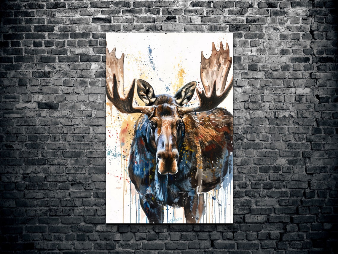 Watercolor Moose Front Portrait With Large Antlers Bold Splatter Print - Image 2
