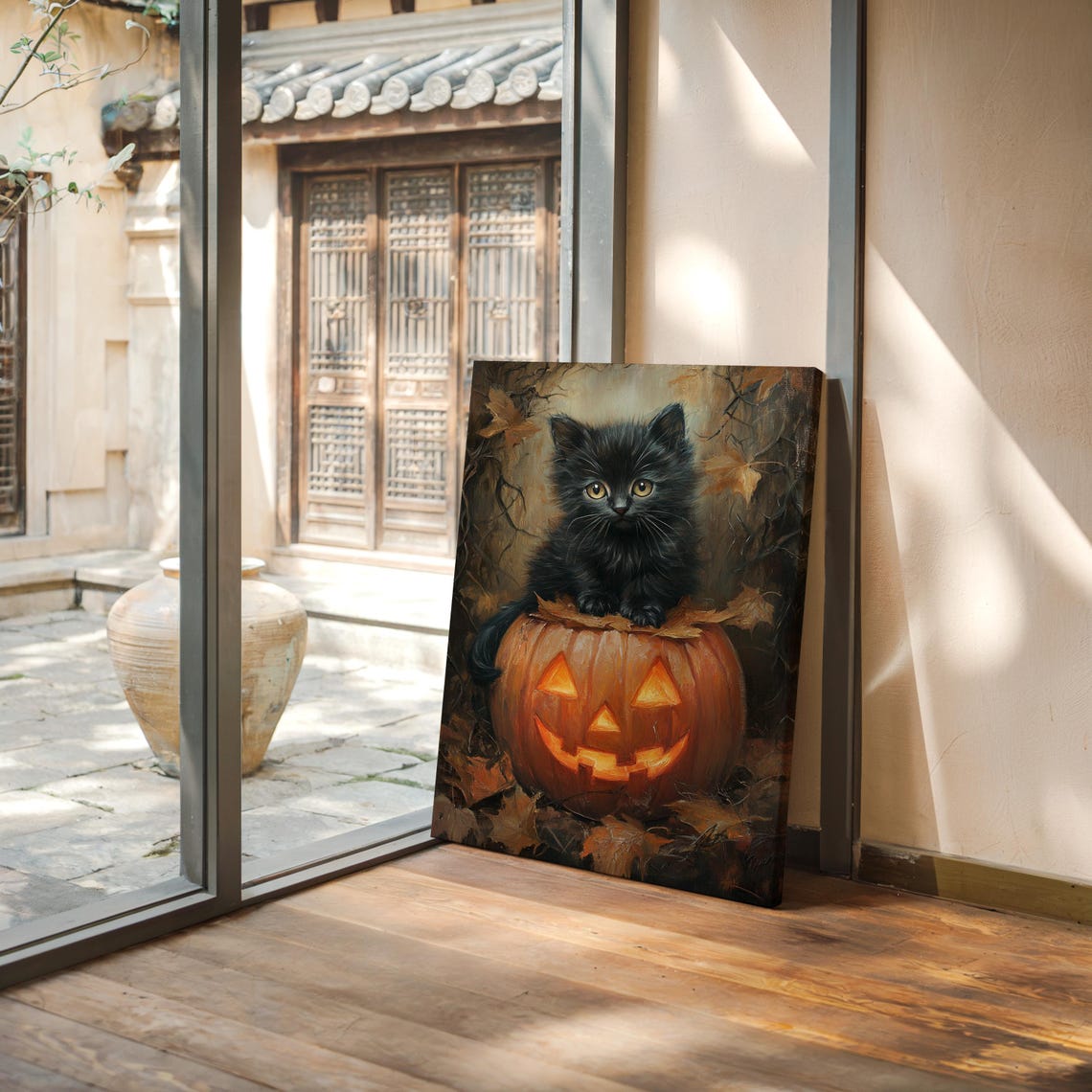 Black Kitten On Glowing Jack O Lantern Cute Halloween Art Poster - Image 4