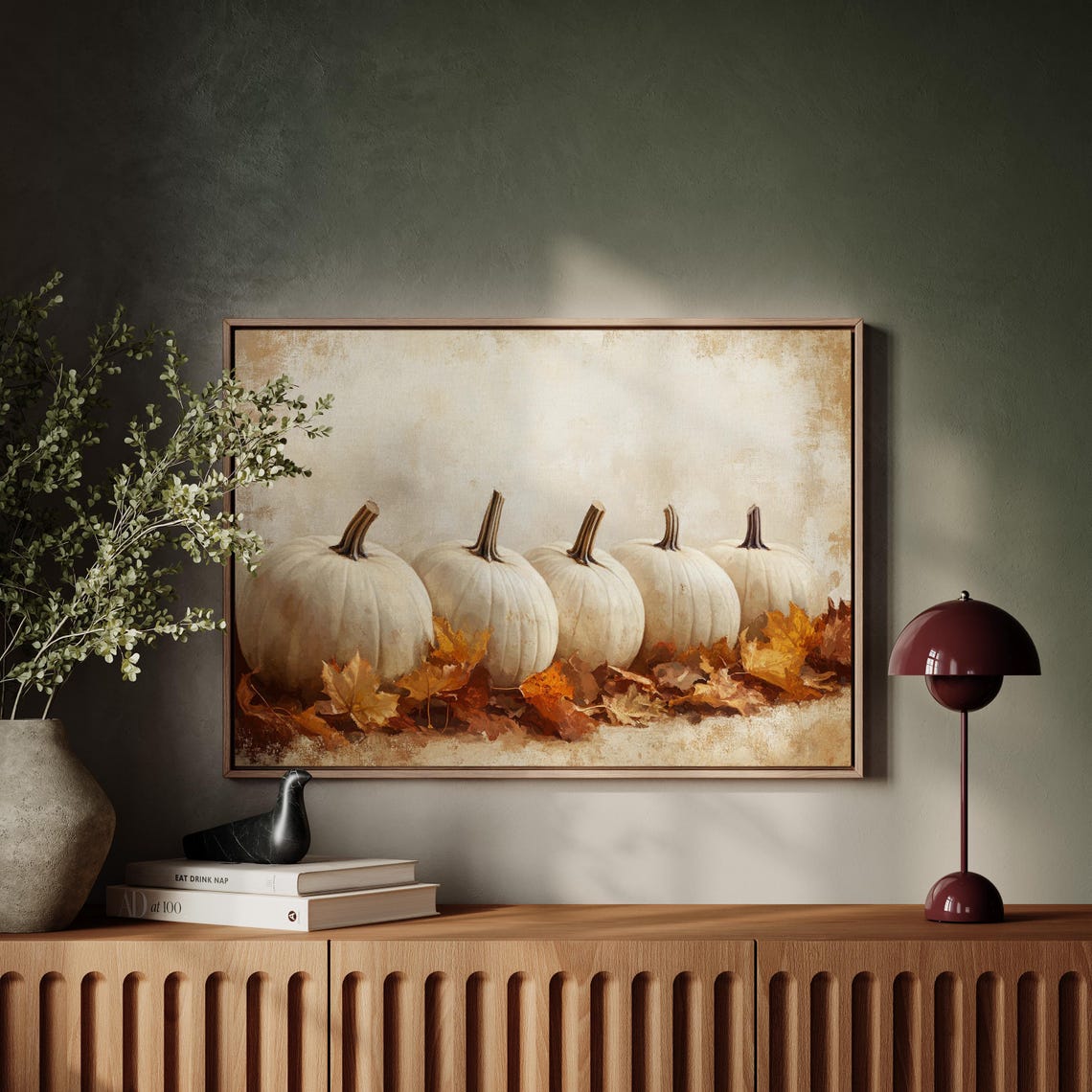 Five White Pumpkins In A Row Among Golden Autumn Leaves Fall Poster - Image 4