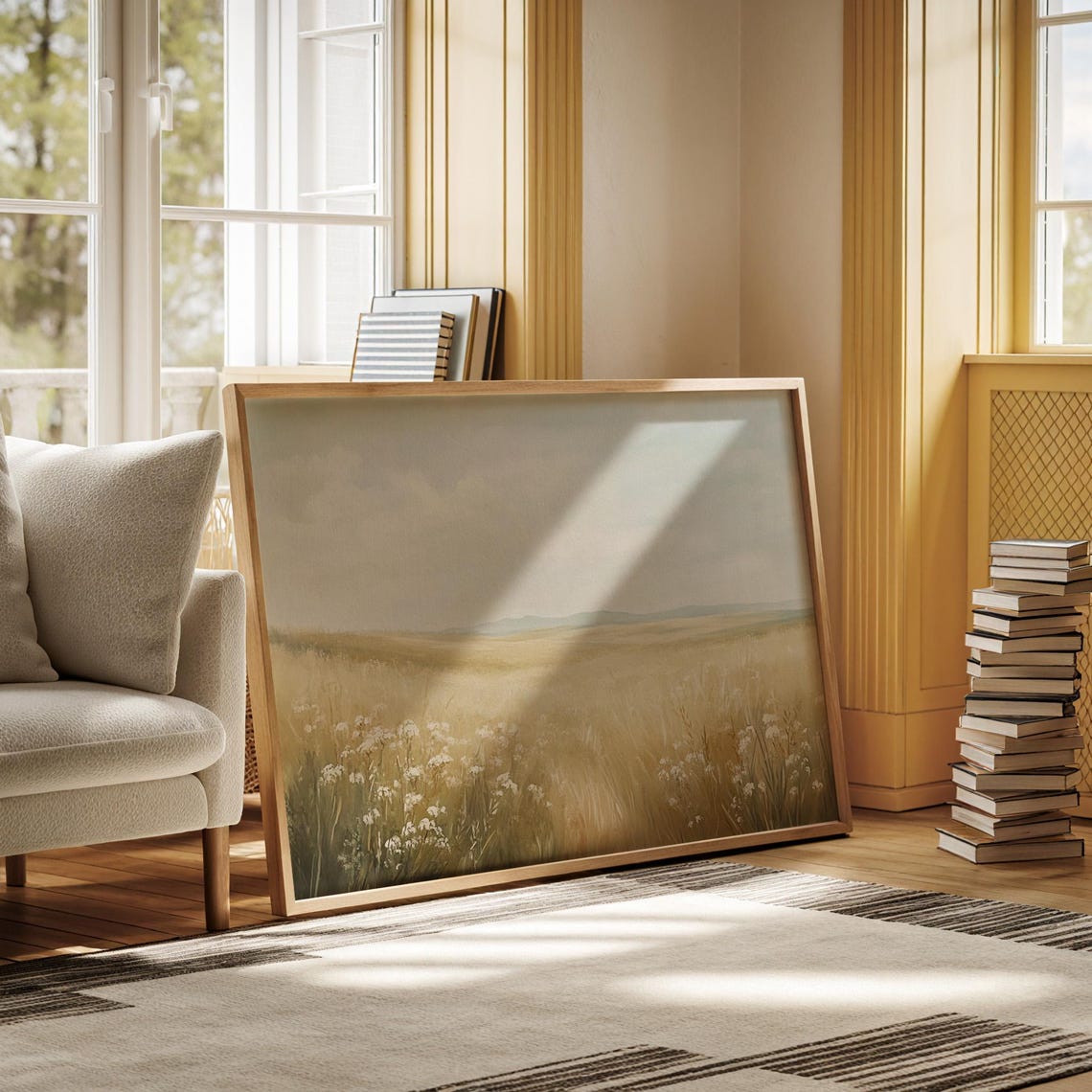 Serene Golden Meadow Of White Wildflowers Under Soft Hazy Sky Poster