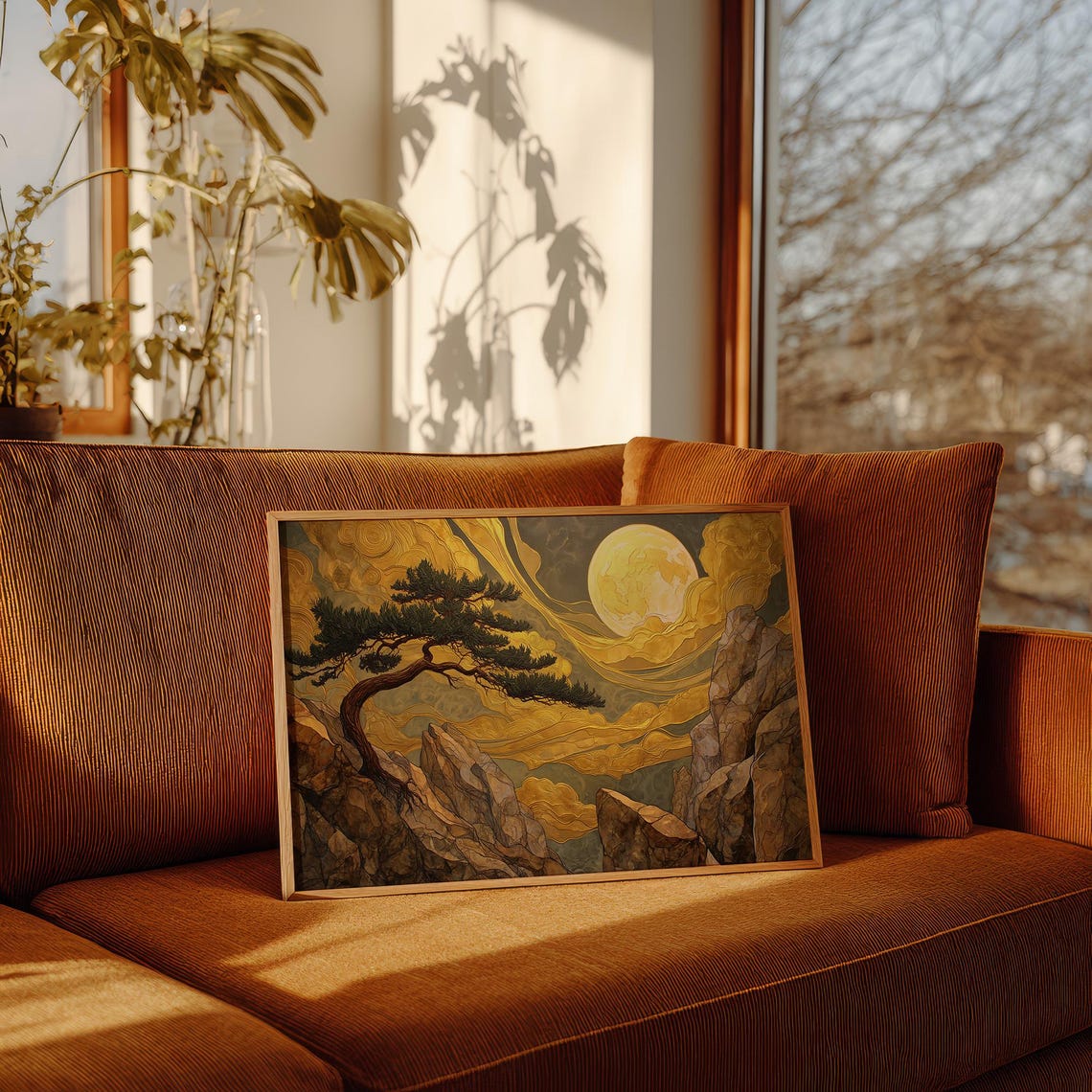 Golden Moon Over Silent Pine Trees Rocky Cliffs Asian Art Poster