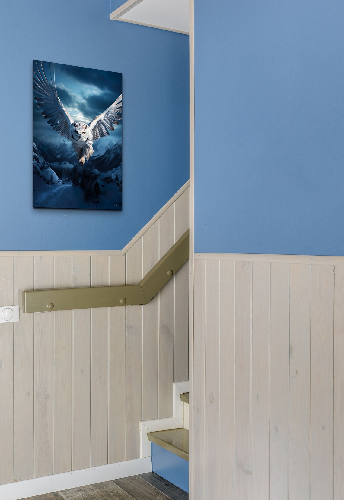 Snowy Owl Soaring Over Moonlit Mountains in the Night Sky Poster - Image 2