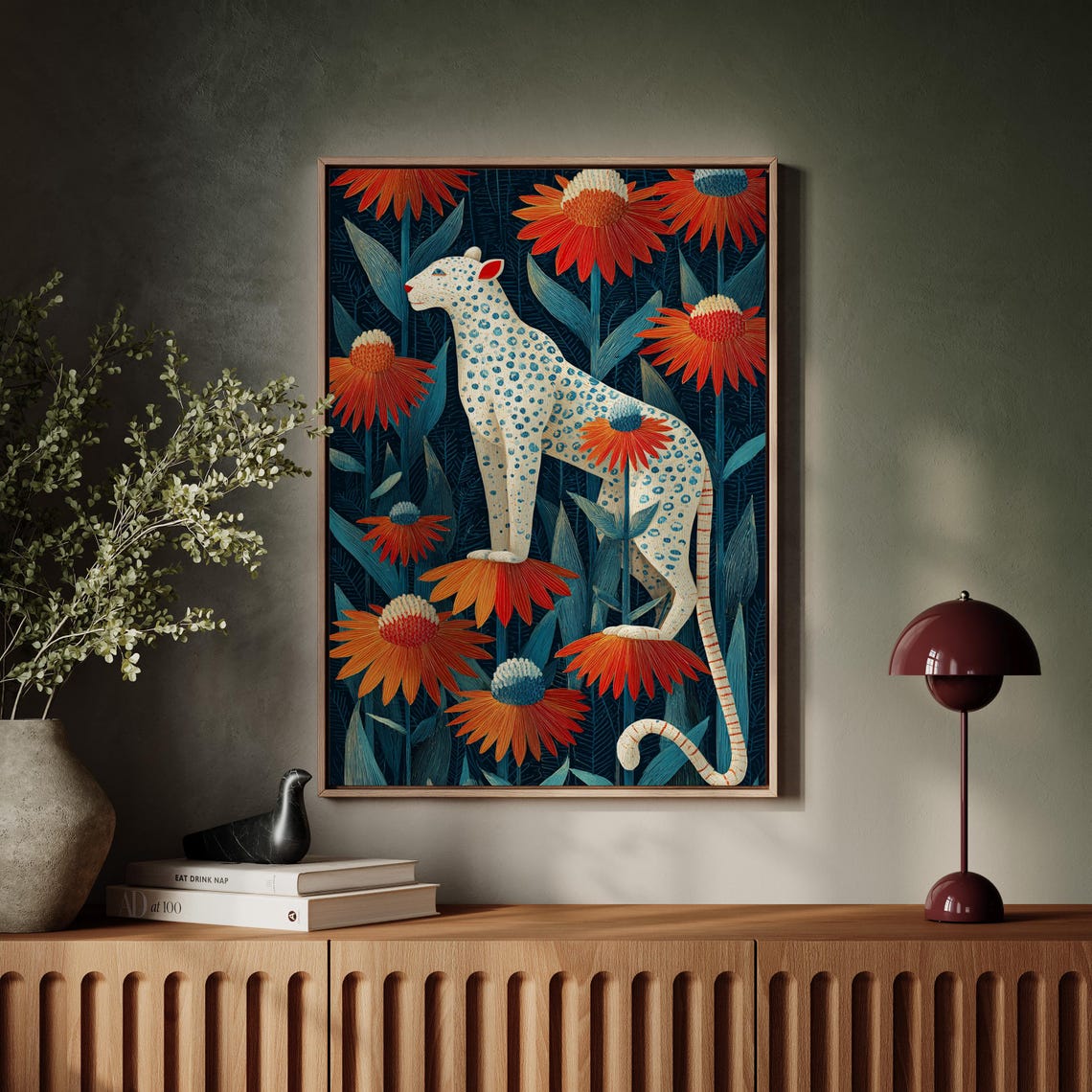 White Leopard Illustration Among Bold Orange Blooms
