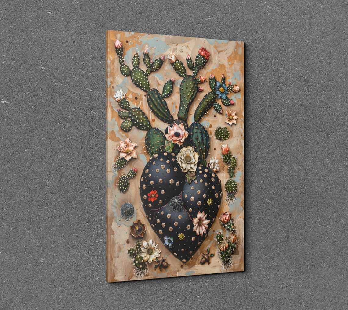 Heart Shaped Cactus With Blooming Flowers Southwestern Poster - Image 3