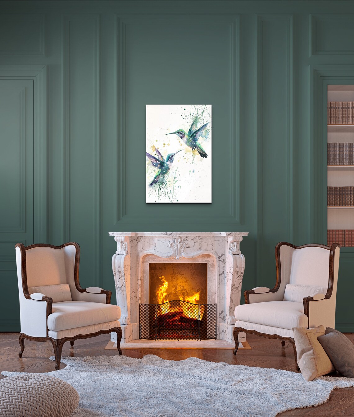 Two Turquoise Hummingbirds Dancing Midair Watercolor Splatter Poster - Image 5