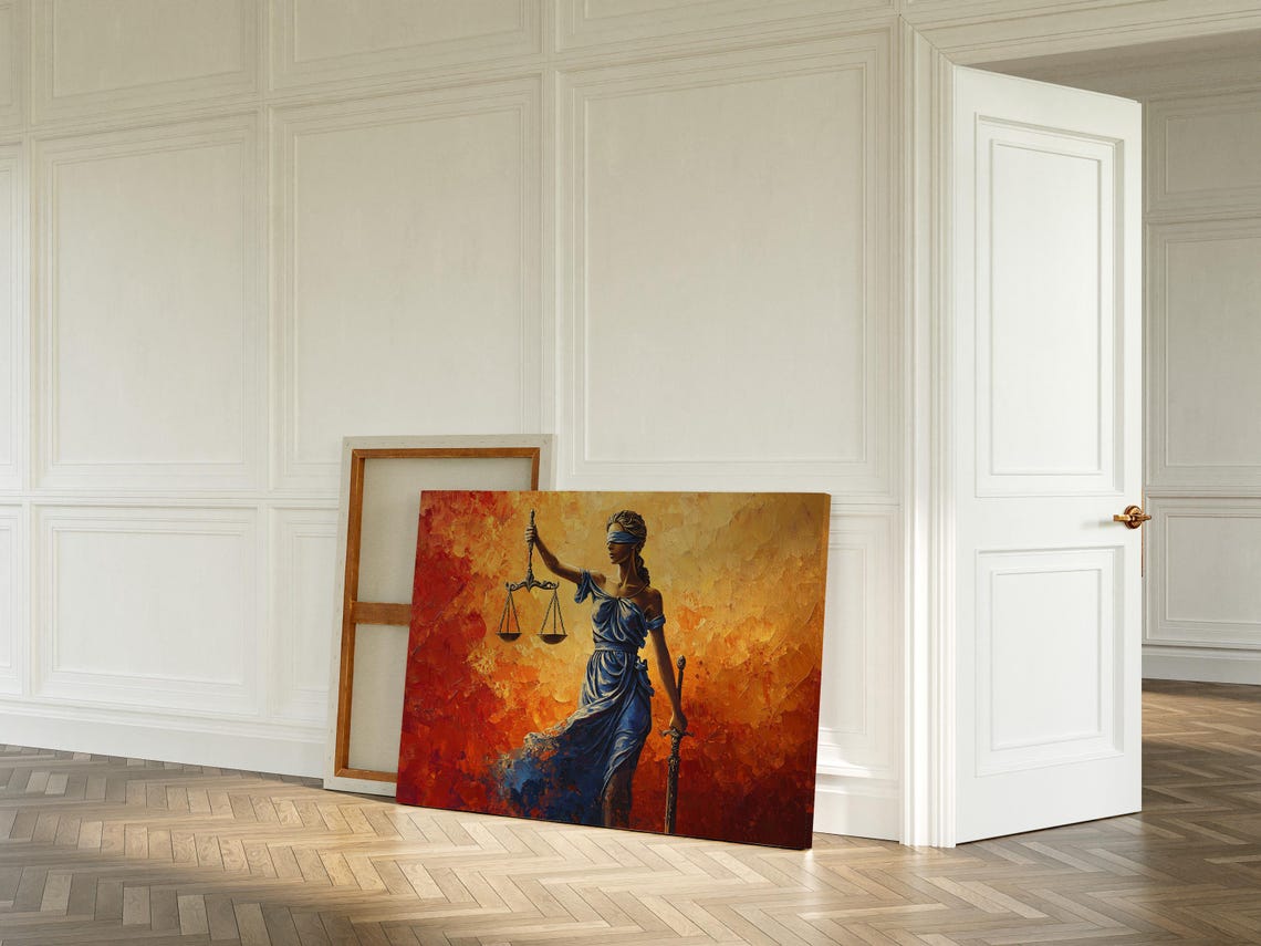 Lady Justice Blindfold Scales Sword Fiery Orange Painting Poster - Image 3