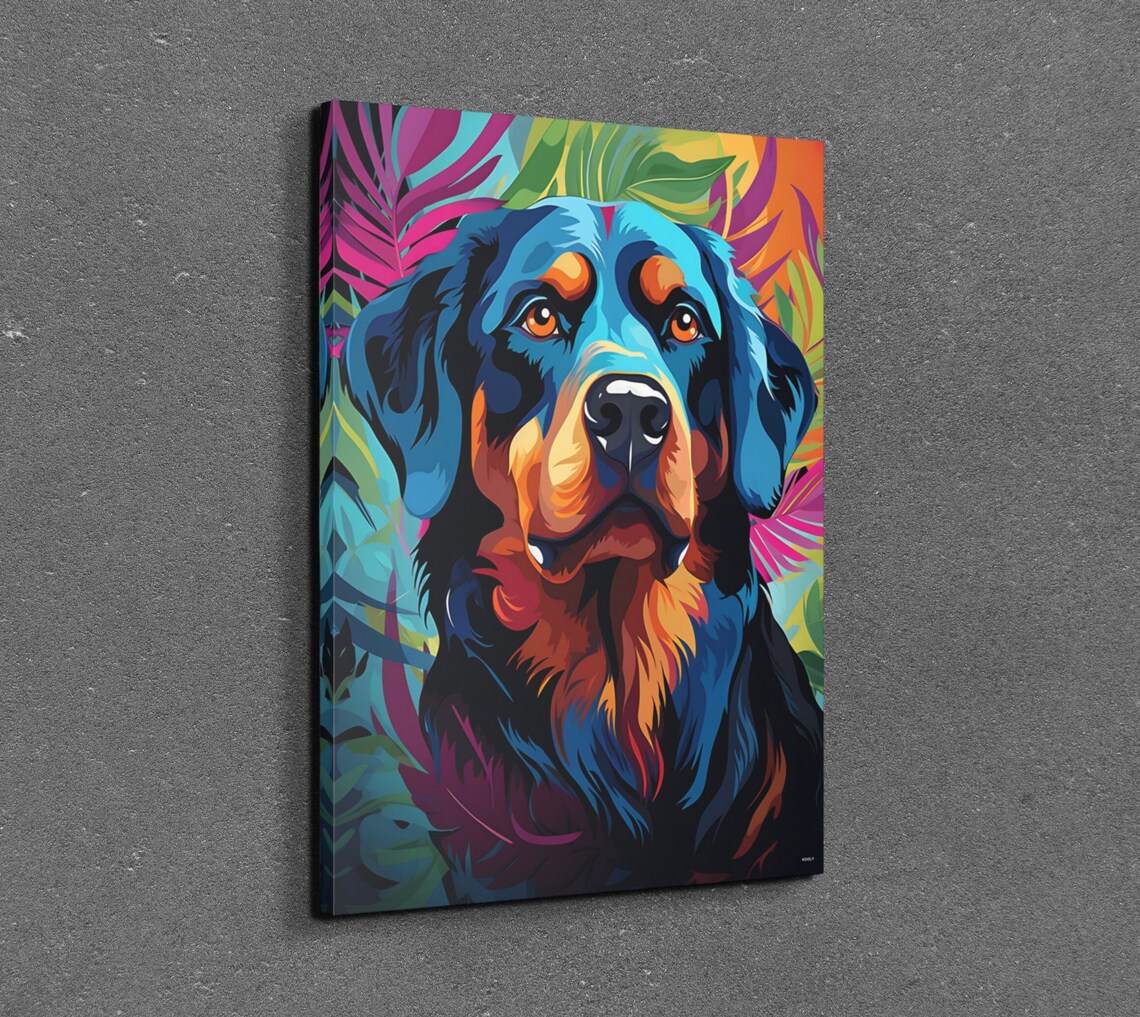 Rottweiler Portrait Poster In Bold Colorful Tropical Pop Art Style
