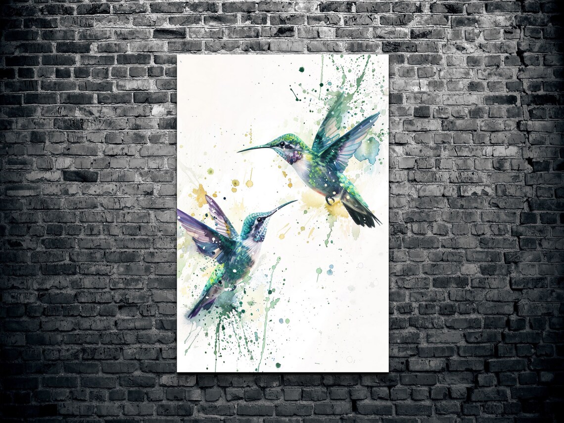 Two Turquoise Hummingbirds Dancing Midair Watercolor Splatter Poster - Image 2