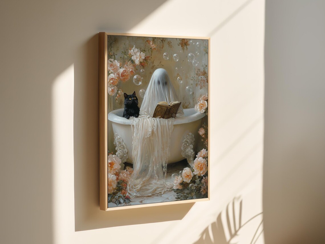 Ghost Reading in Bathtub, Whimsical Cat Bathroom Art Print - Image 4