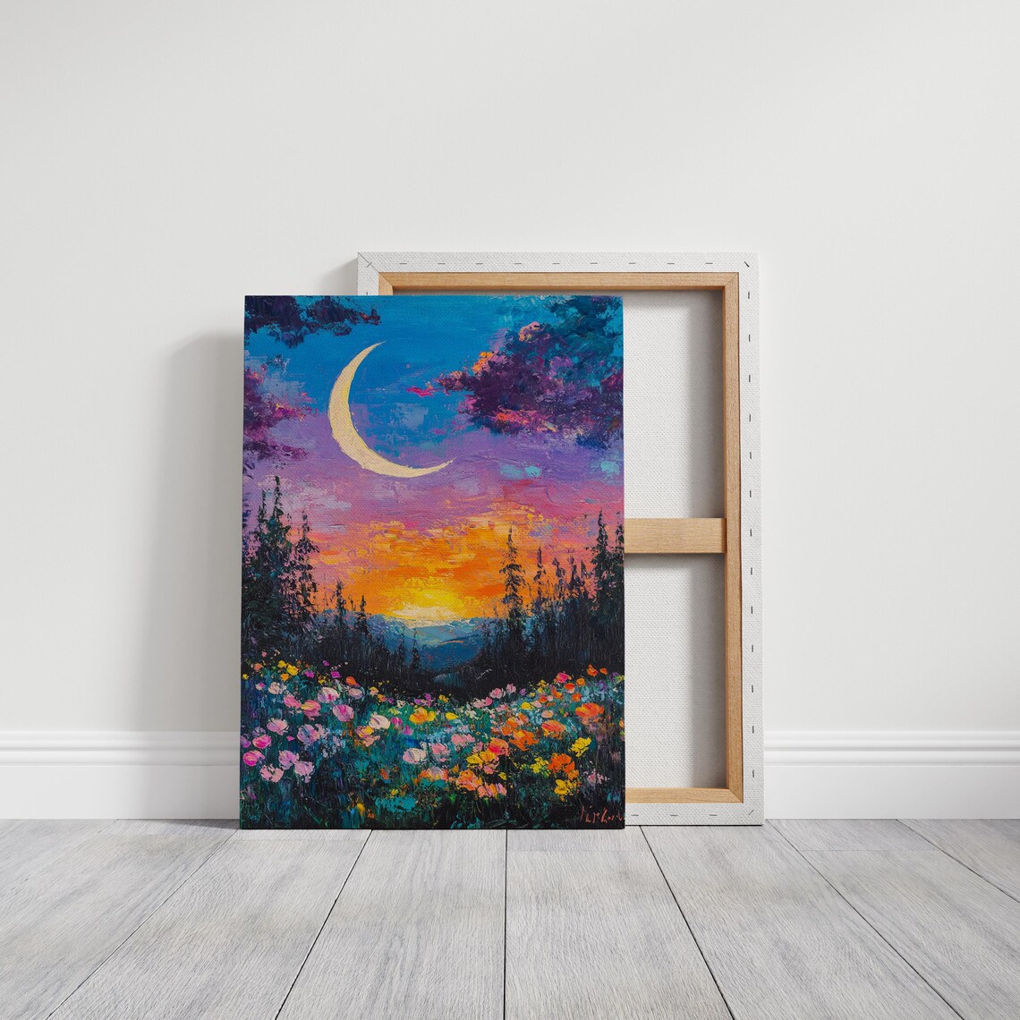 Crescent Moon Wildflower Forest Sunset Night Sky Vibrant Poster - Image 3