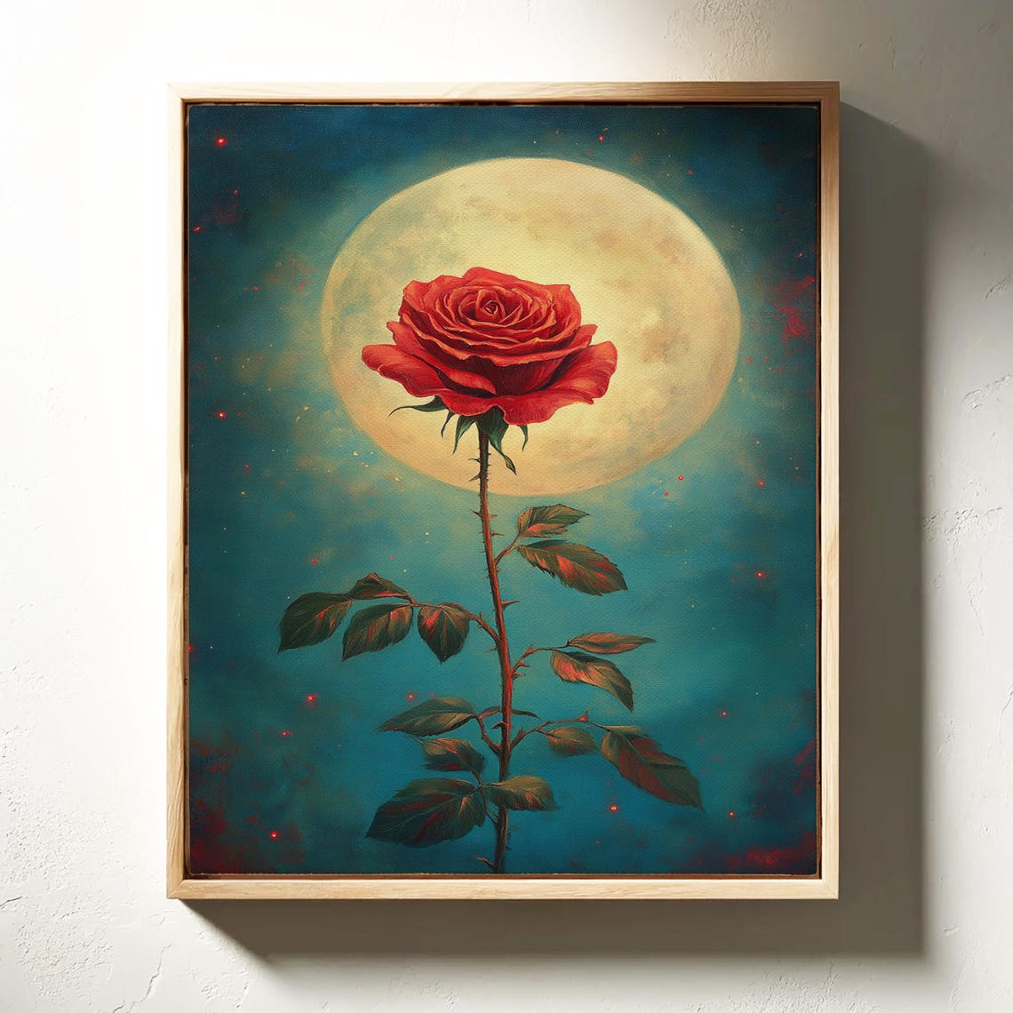 Red Rose Stem Golden Full Moon Teal Night Celestial Bloom Poster - Image 6