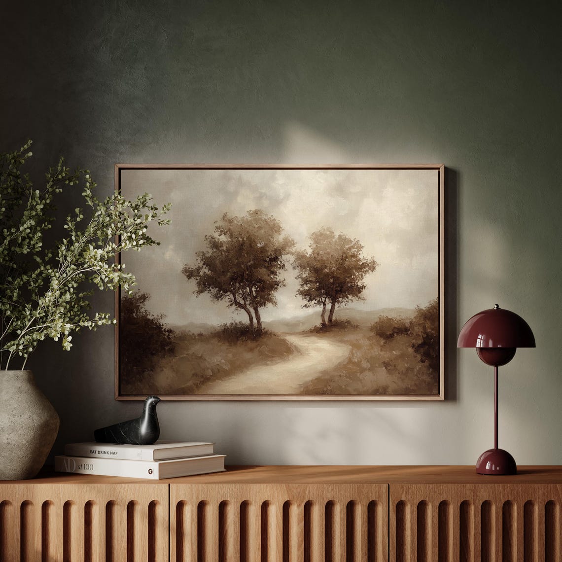 Two Trees Beside a Misty Winding Path Muted Landscape Poster - Image 4