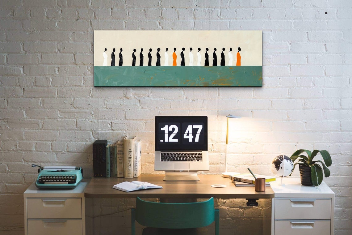Panoramic Minimalist Green And Beige With Abstract People In The Horizon Ready To Hang Panoramic Wall Art Print - Image 3
