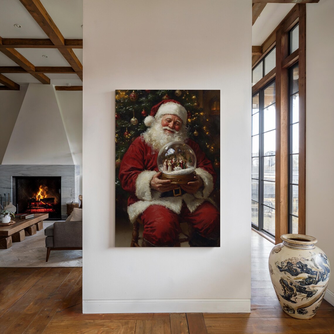 Santa Claus Gazing At Nativity Snow Globe Vintage Christmas Art Poster - Image 3