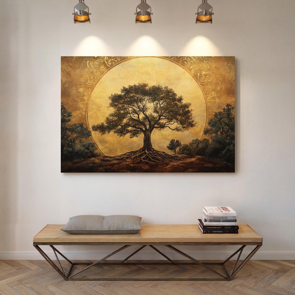 Tree Of Life Silhouette Against Giant Golden Sun Disk Poster - Image 7