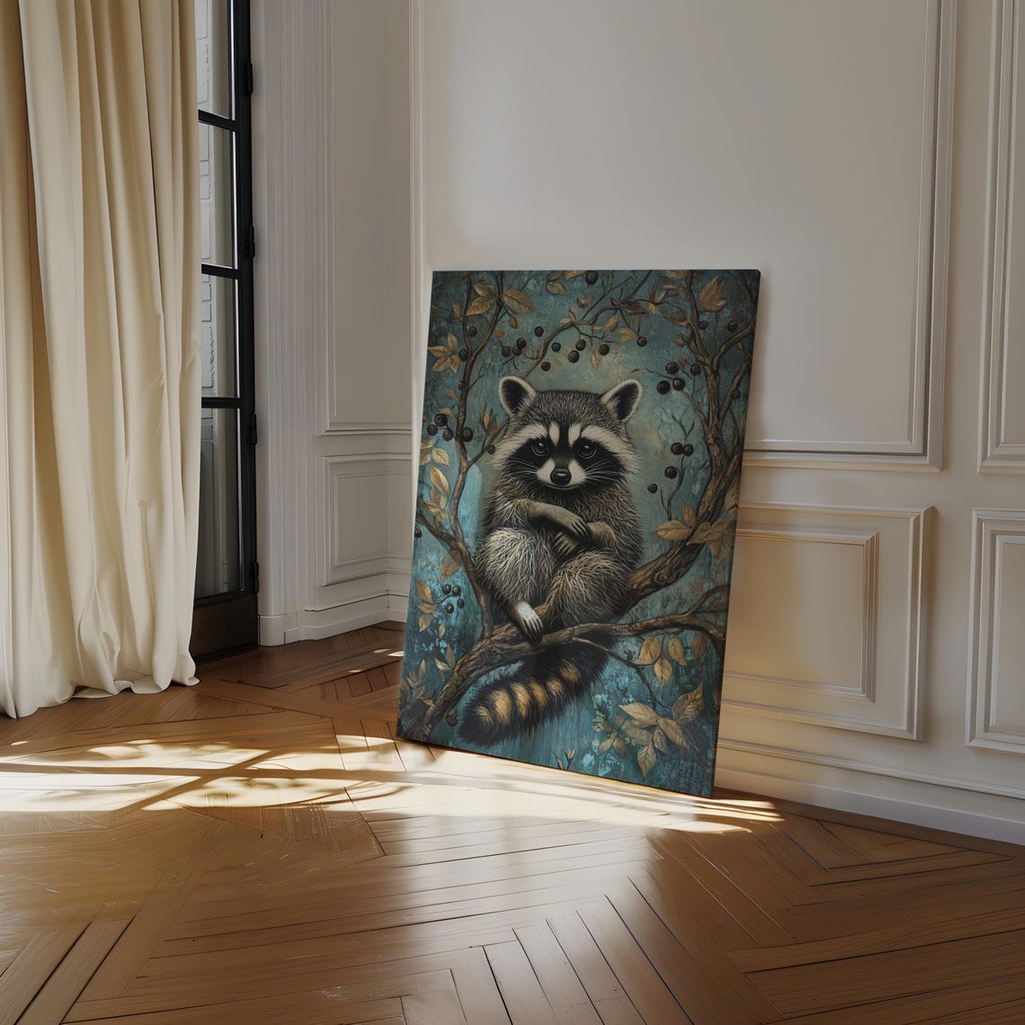 Raccoon Sitting on Branch With Berries Turquoise Wildlife Poster - Image 4