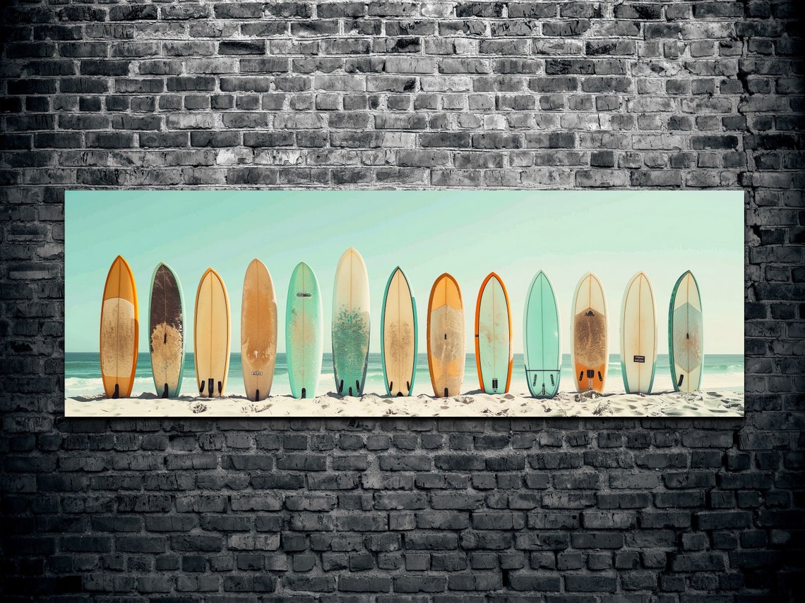 Retro Surfboard Lineup Pastel Beach Scene Panoramic Wall Art - Image 2