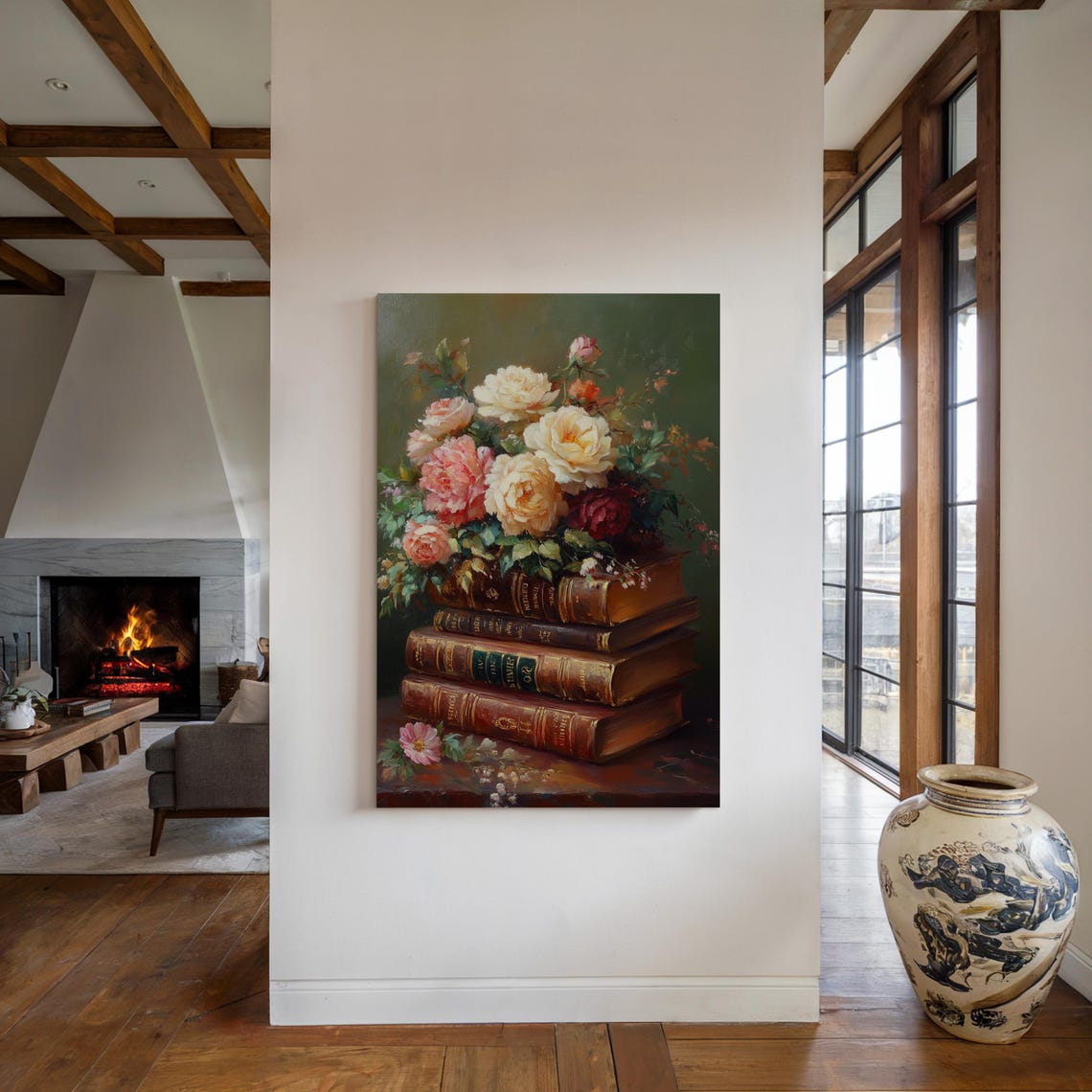 Antique Books With Rose Bouquet Dark Green Vintage Still Life Poster - Image 6