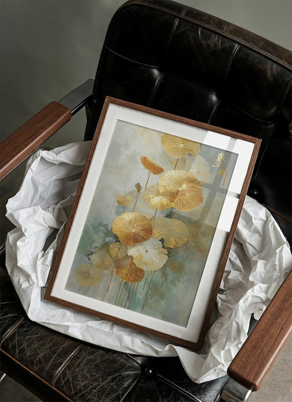 Golden Lotus Leaves Chinese Ink Wash Elegant Botanical Art Poster