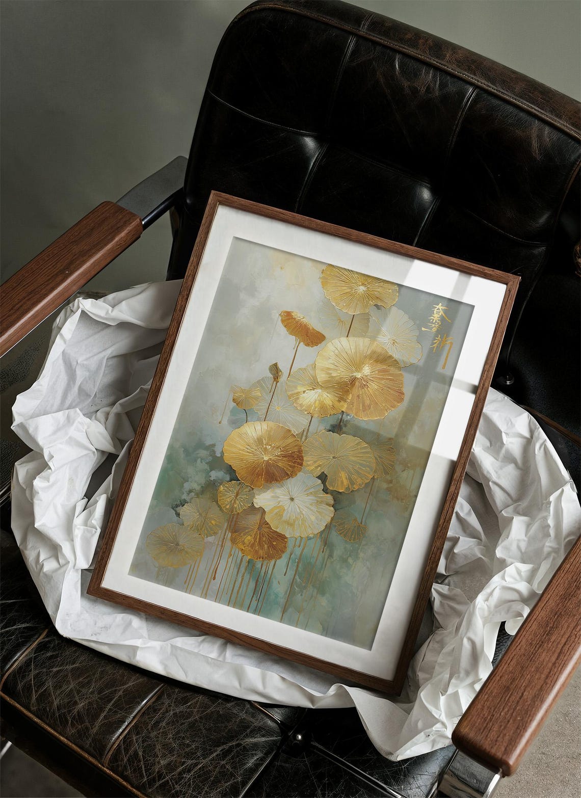 Golden Lotus Leaves Chinese Ink Wash Elegant Botanical Art Poster