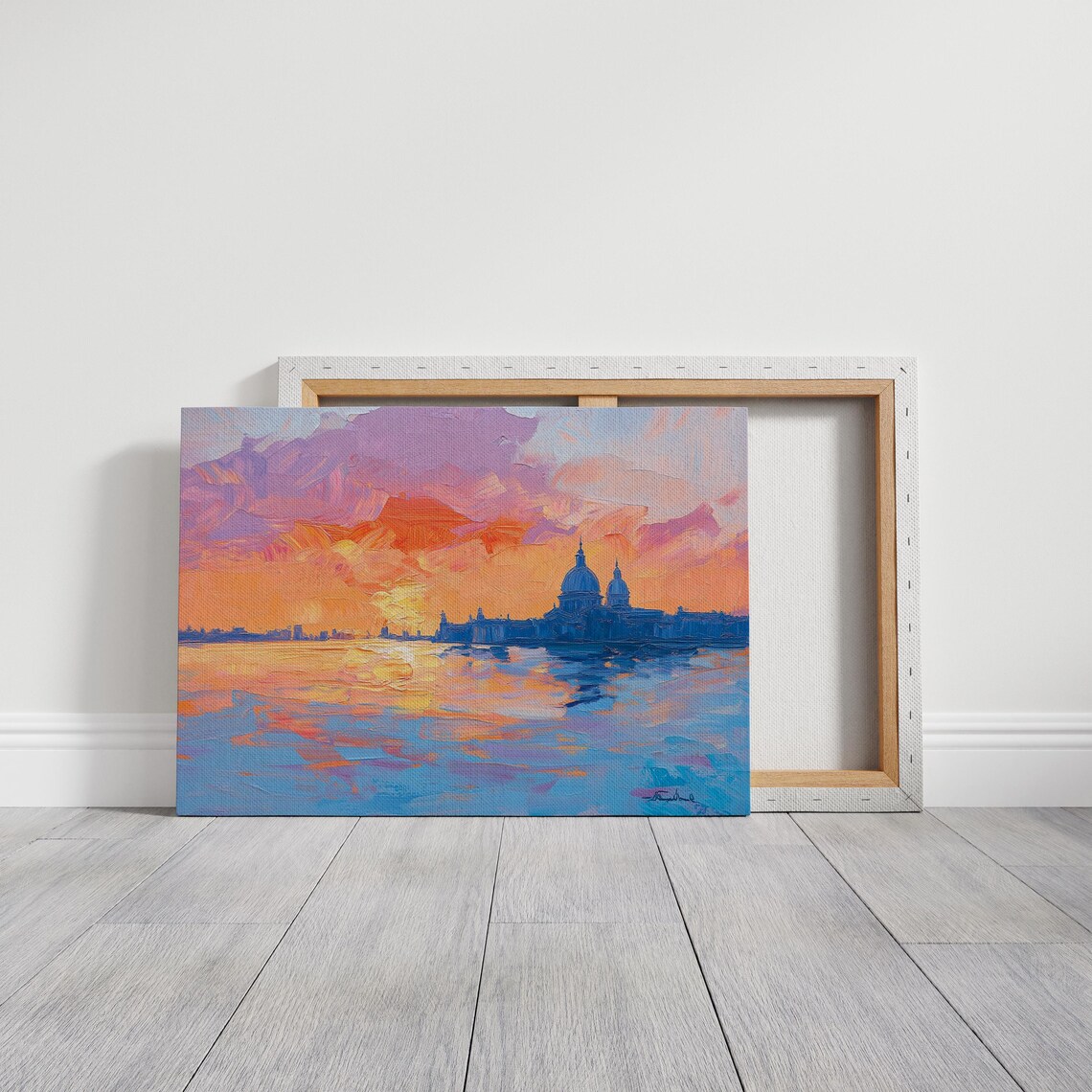 Venice Sunset Skyline Golden Orange Impasto Oil Painting Poster - Image 3