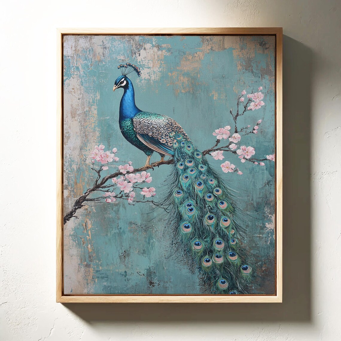 Majestic Peacock Cherry Blossom Branch Vibrant Exotic Bird Poster - Image 3