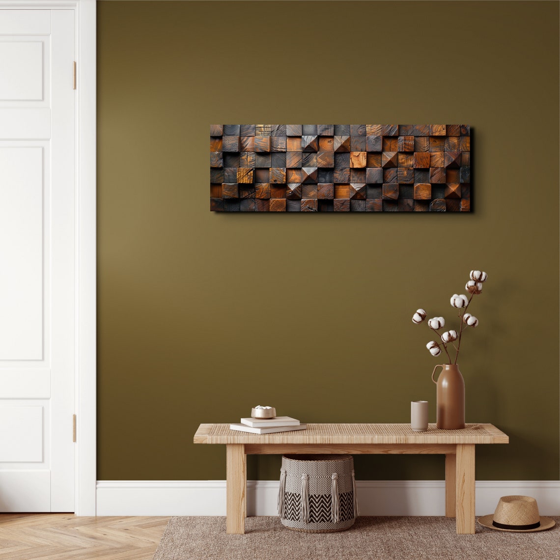 Dark Carved Wood Block Grid 3D Textured Rustic Panoramic Poster - Image 4