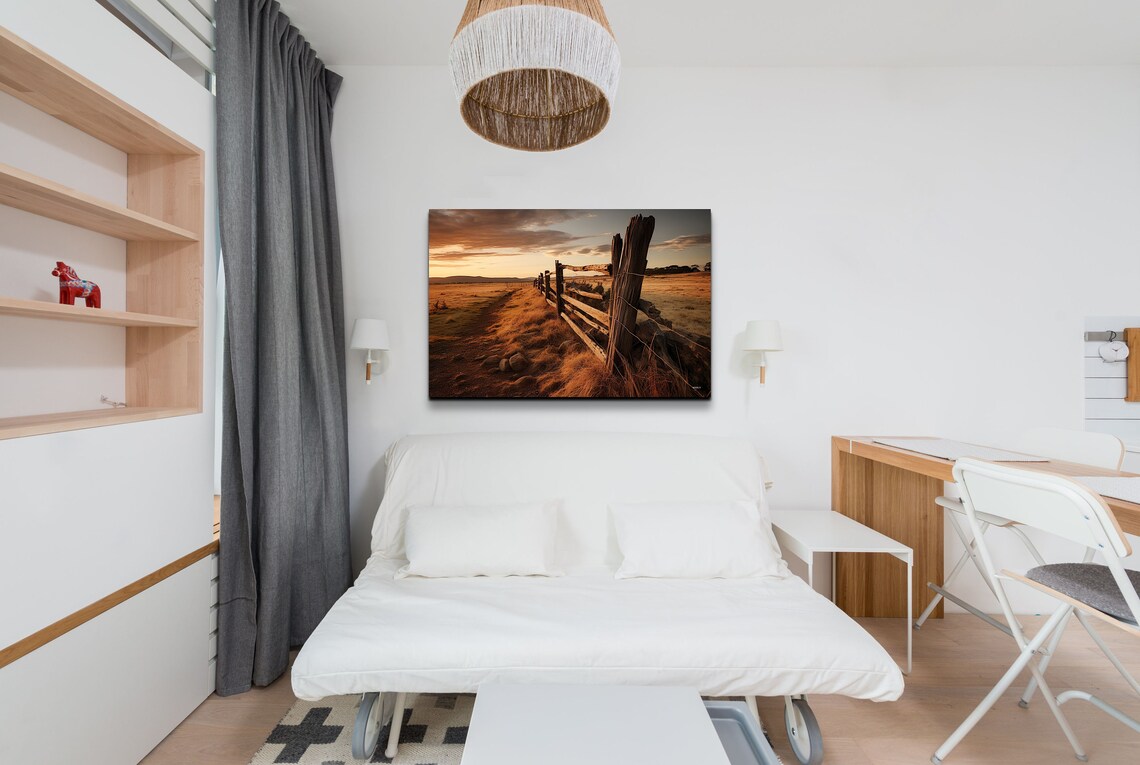 Rustic Wooden Fence Across Golden Field At Sunset Photo Poster - Image 4