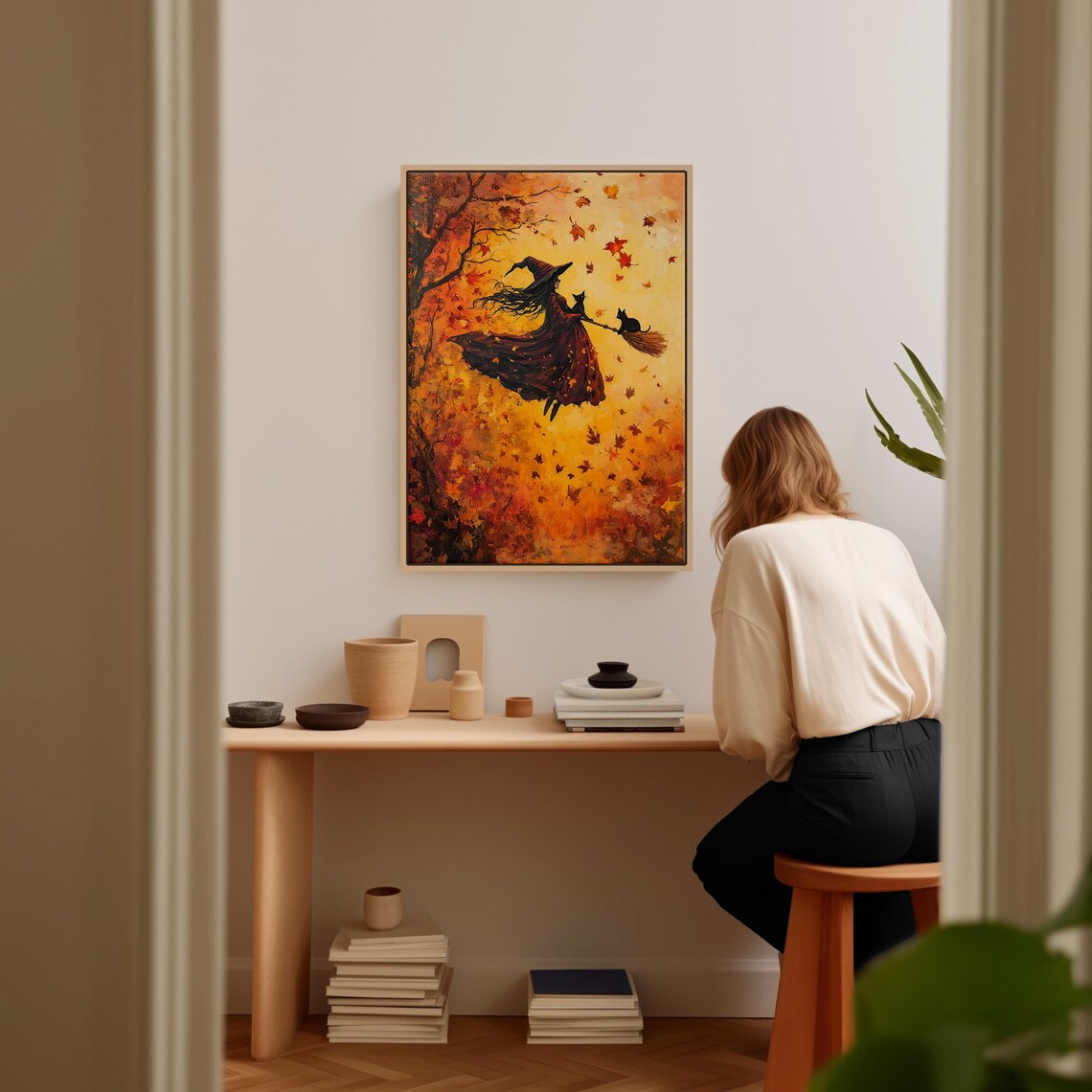 Autumn Witch With Cats On Broomstick, Halloween Decor - Image 2