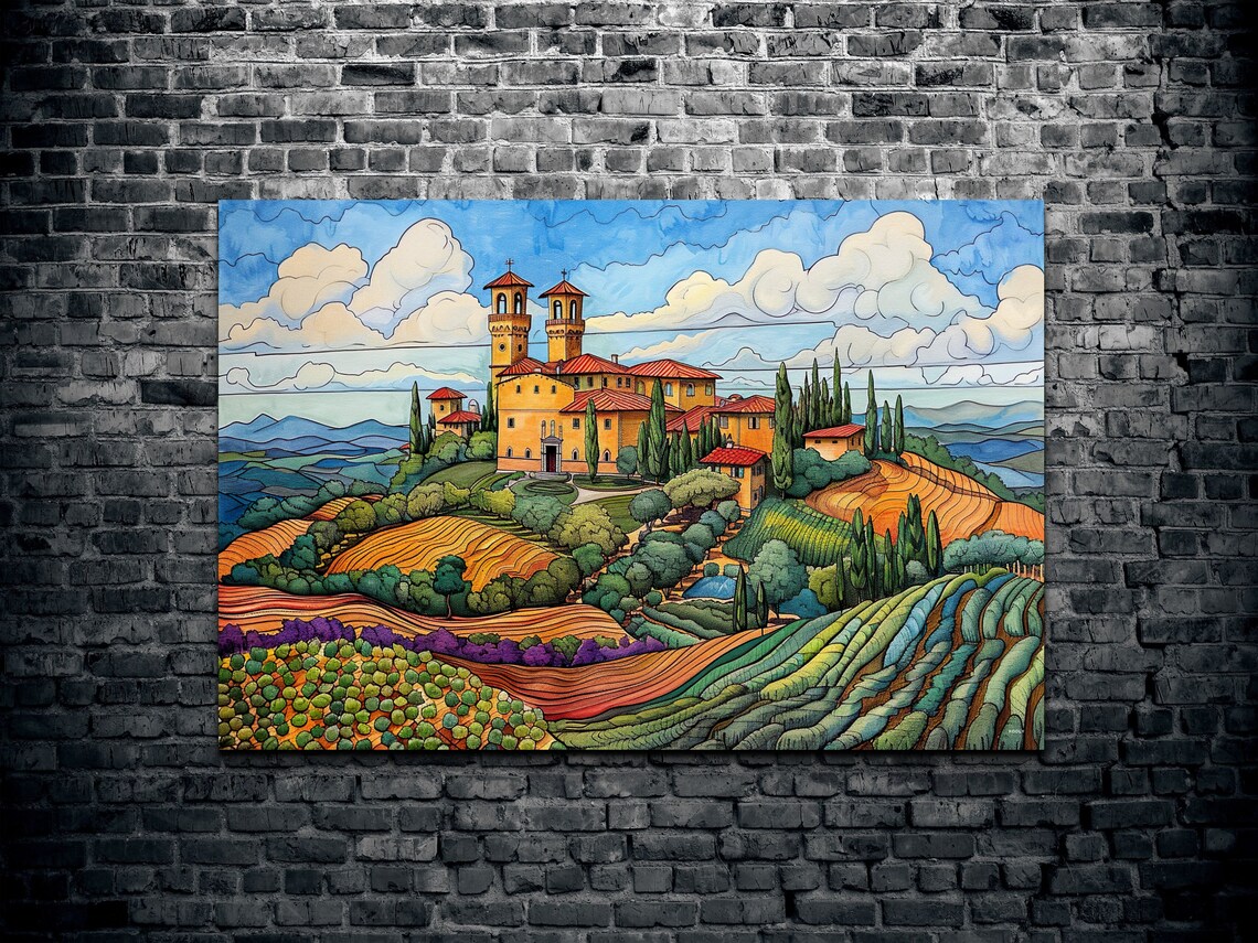Tuscan Hilltop Village Church Towers Terraced Fields Colorful Print - Image 2