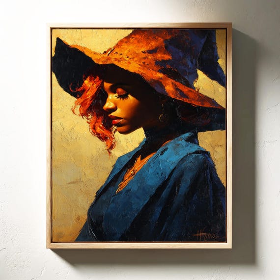 Cowgirl In Burnt Orange Hat Rustic Western Oil Painting