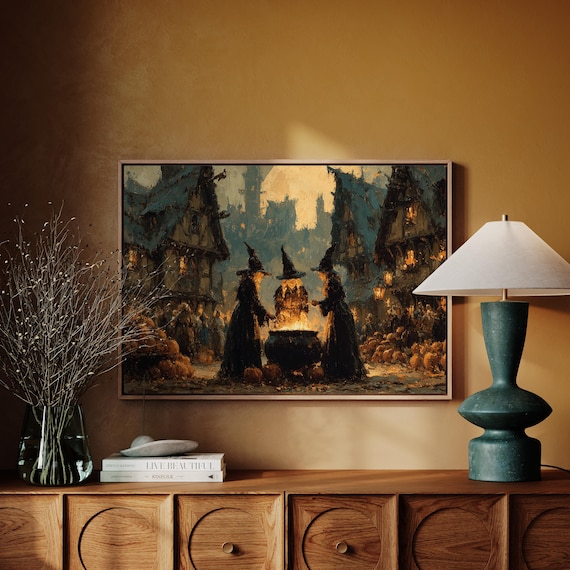 Three Witches Around Cauldron in Old Village Night Scene Poster