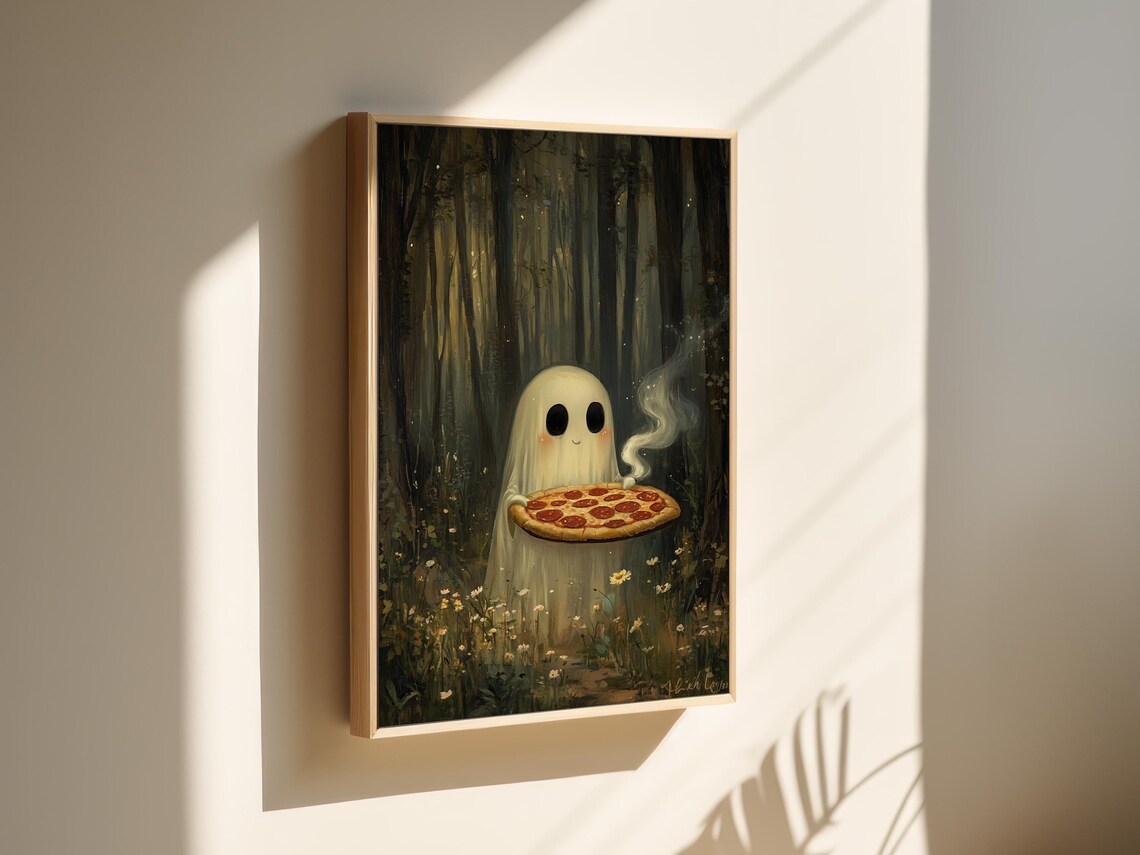 Adorable Ghost With Pizza, Enchanted Forest Art Print - Image 3
