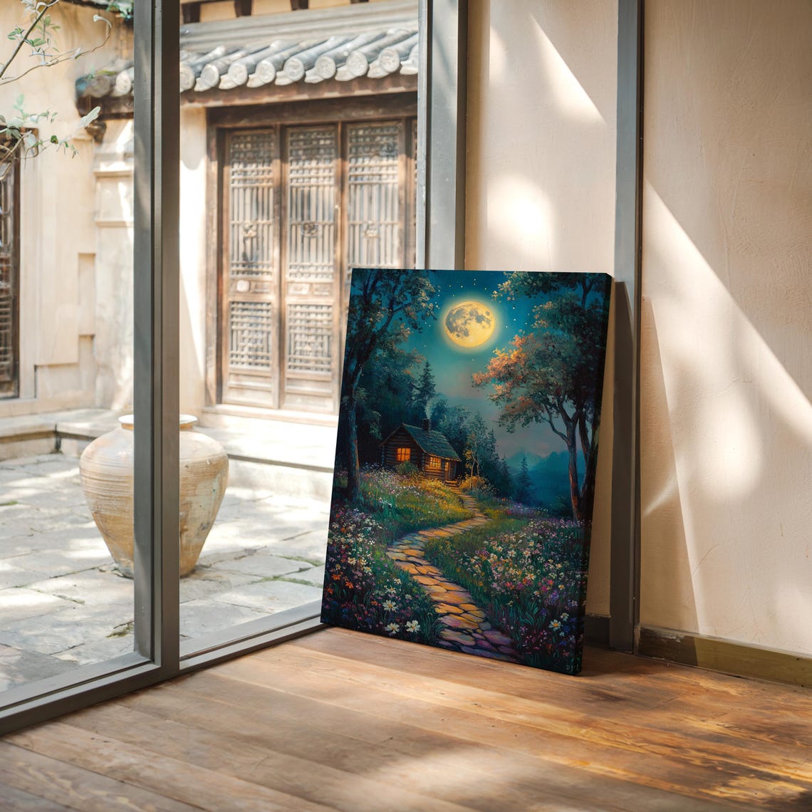 Moonlit Cabin Glowing Windows Stone Path Wildflower Night Poster - Image 4