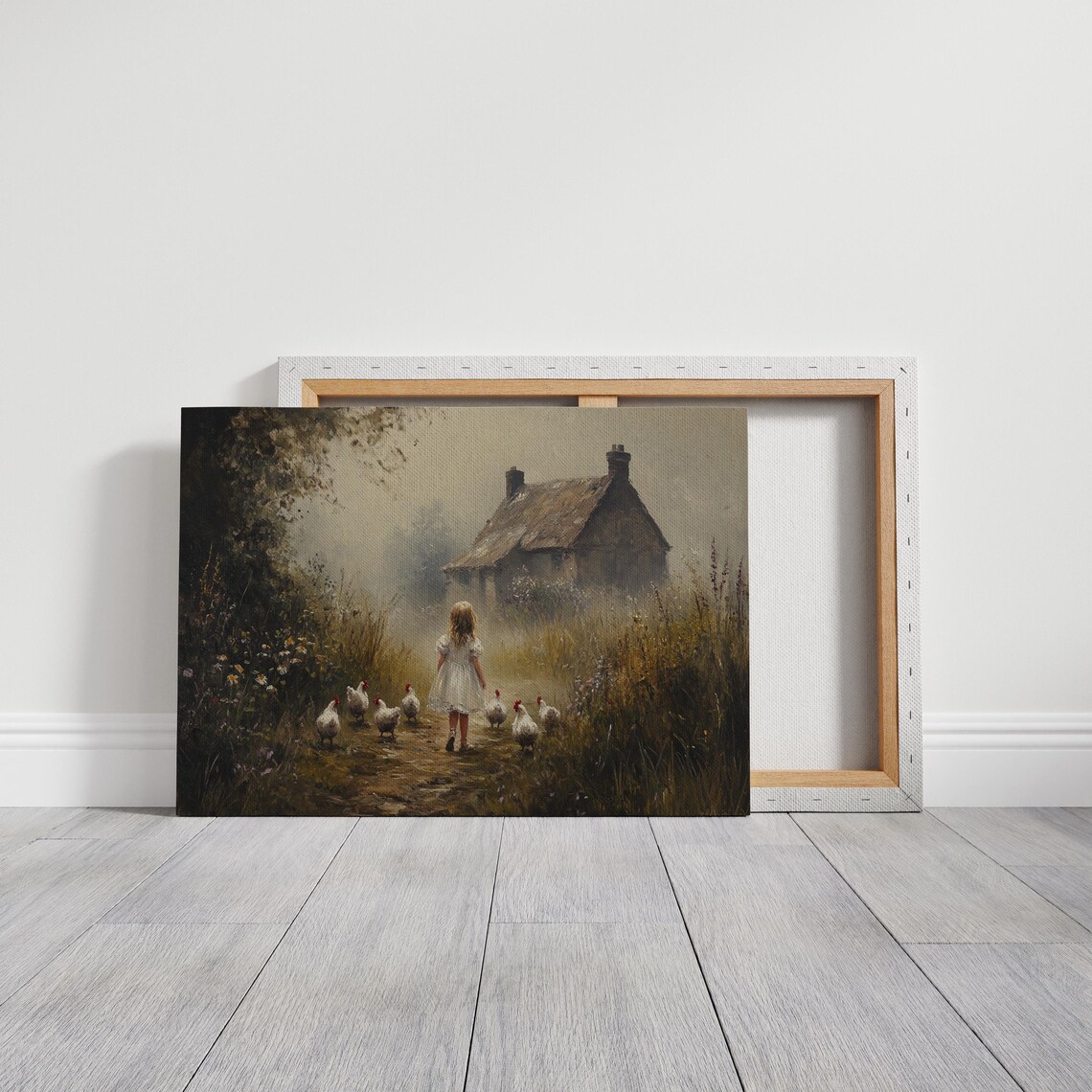 Rustic Cottage Girl With Chickens Vintage Art Print - Image 3