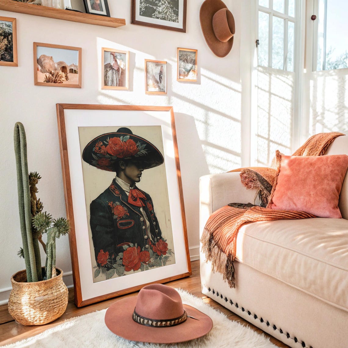 Mexican Charro In Sombrero With Red Roses Vintage Portrait Poster
