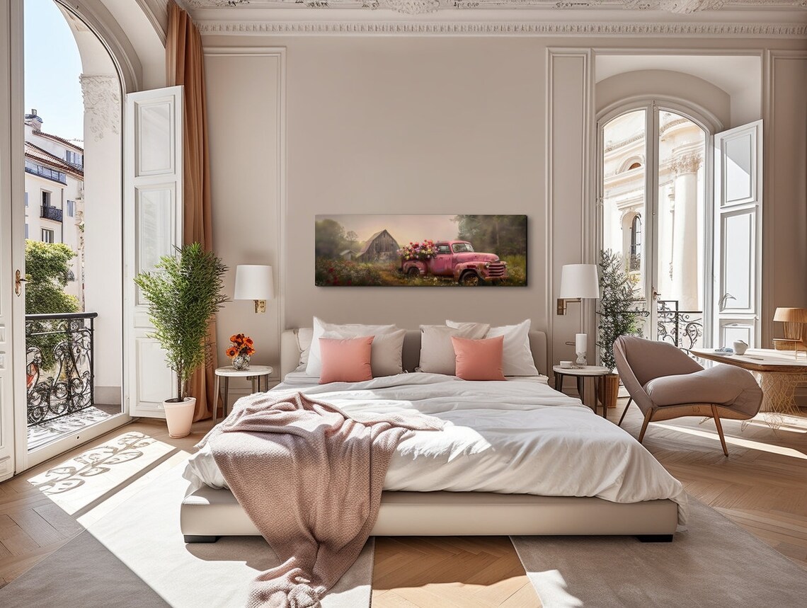 Pink Pickup On A Farm, Panoramic Art Print - Image 7