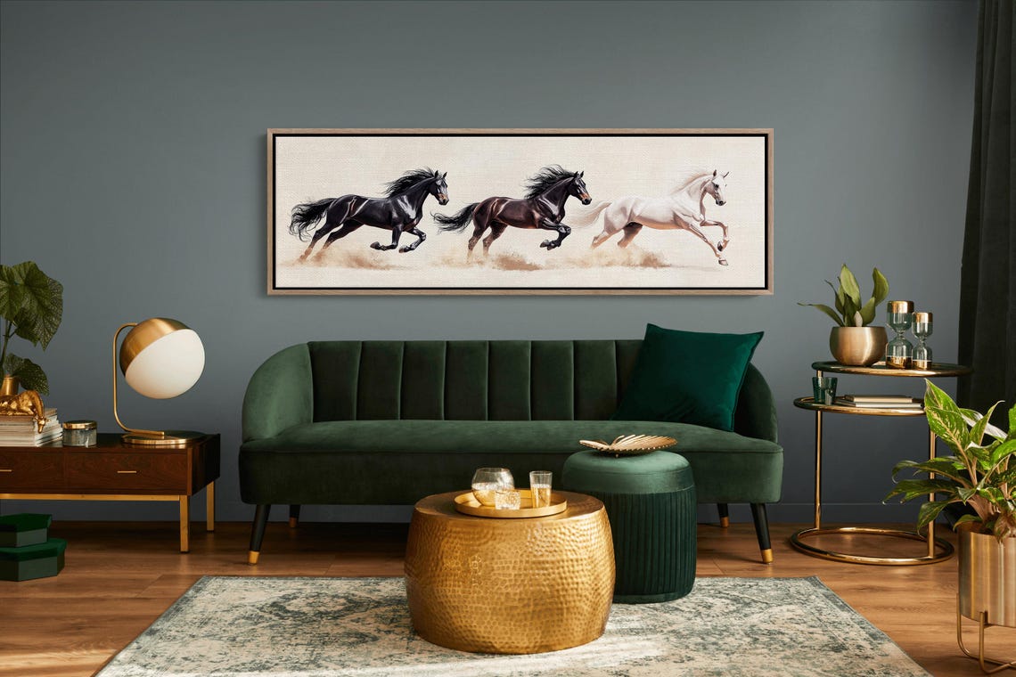 Three Galloping Horses Black Bay And White Classic Panoramic Art Print - Image 2
