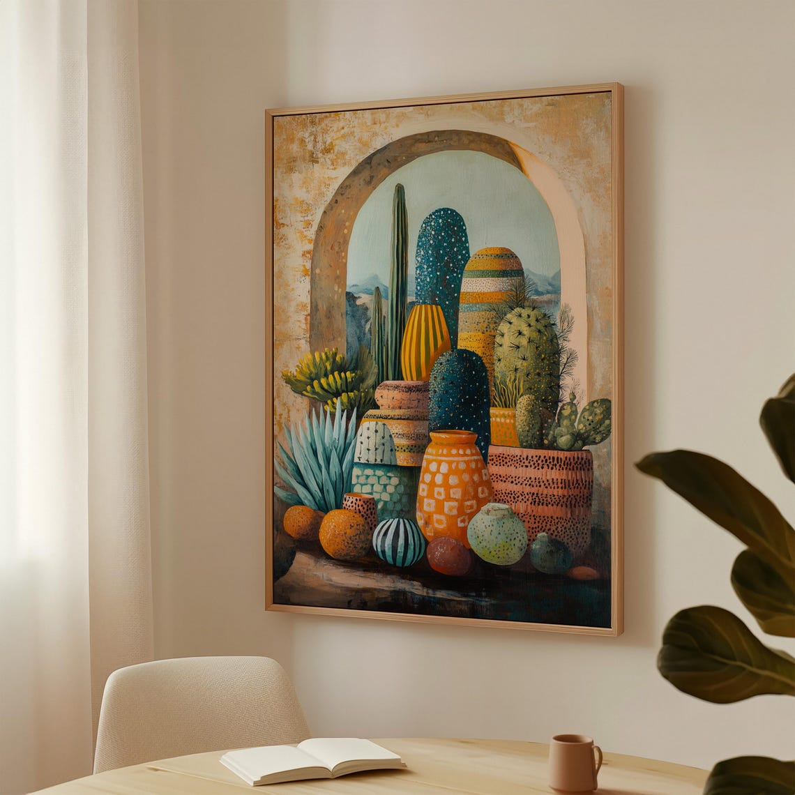 Colorful Patterned Cacti And Pots In Golden Stone Archway Poster - Image 4