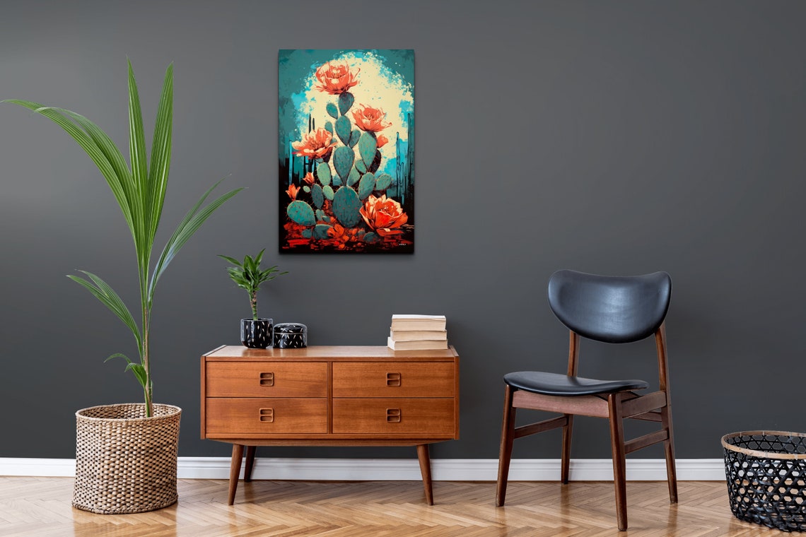 Blooming Cactus Red Flowers Teal Pop Art Desert Botanical Poster - Image 5