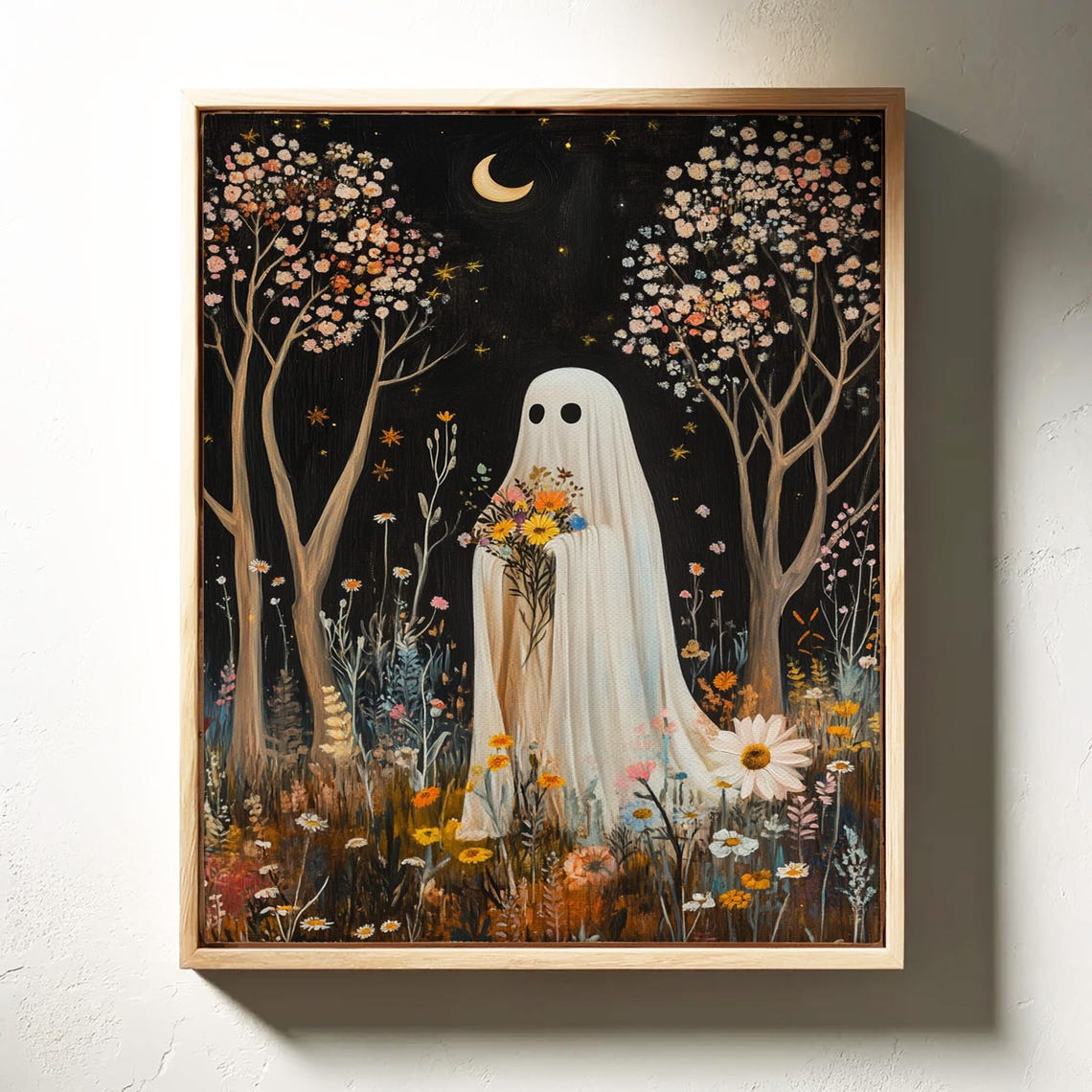 Ghost Holding Wildflower Bouquet Under Crescent Moon Night Wall Art - Image 3