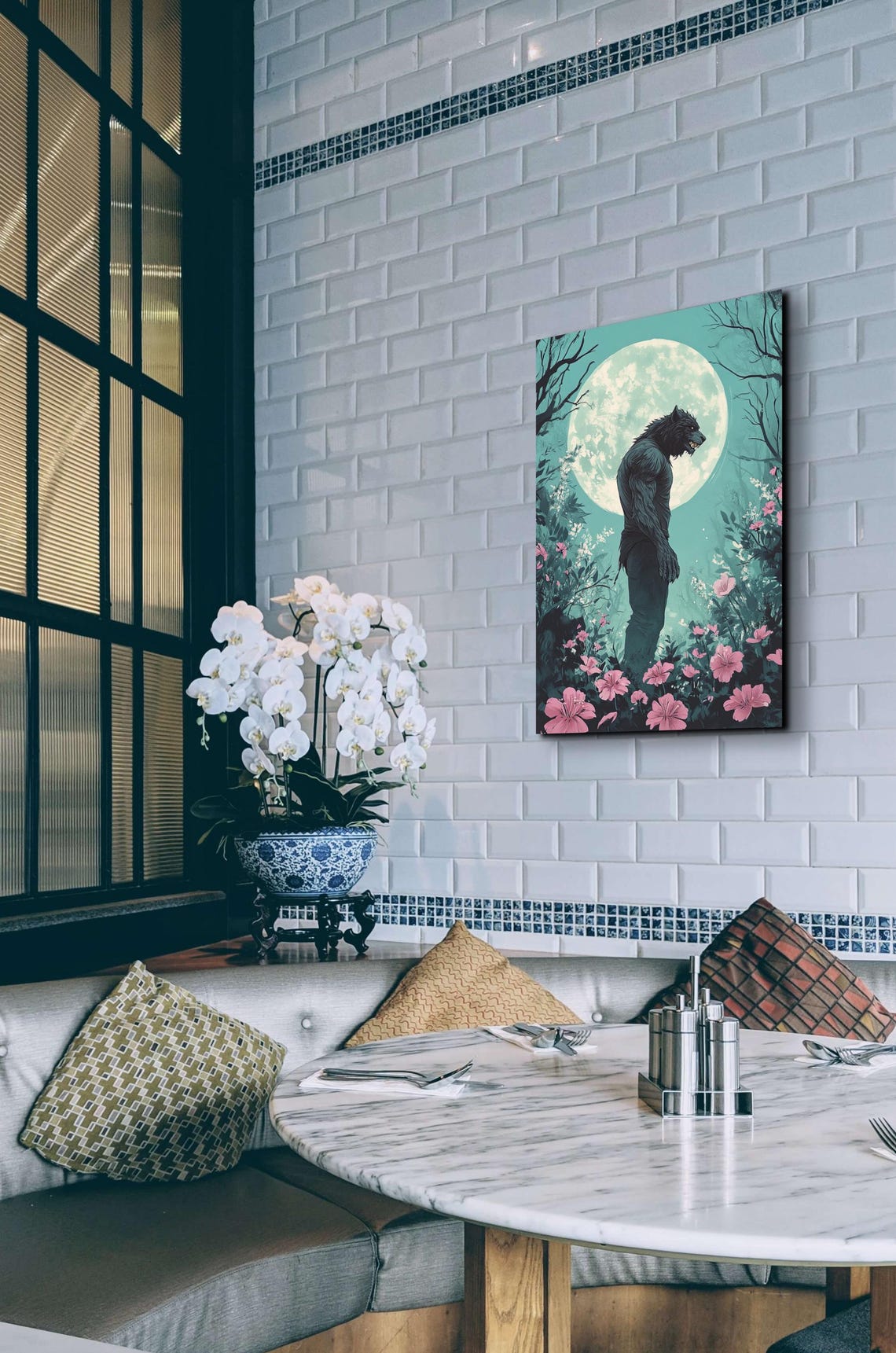 Werewolf Silhouette Pink Wildflowers Teal Full Moon Horror Poster - Image 7