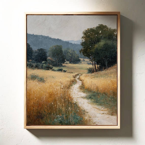 Winding Path Through Golden Wheat Fields Impressionist Oil Landscape Poster