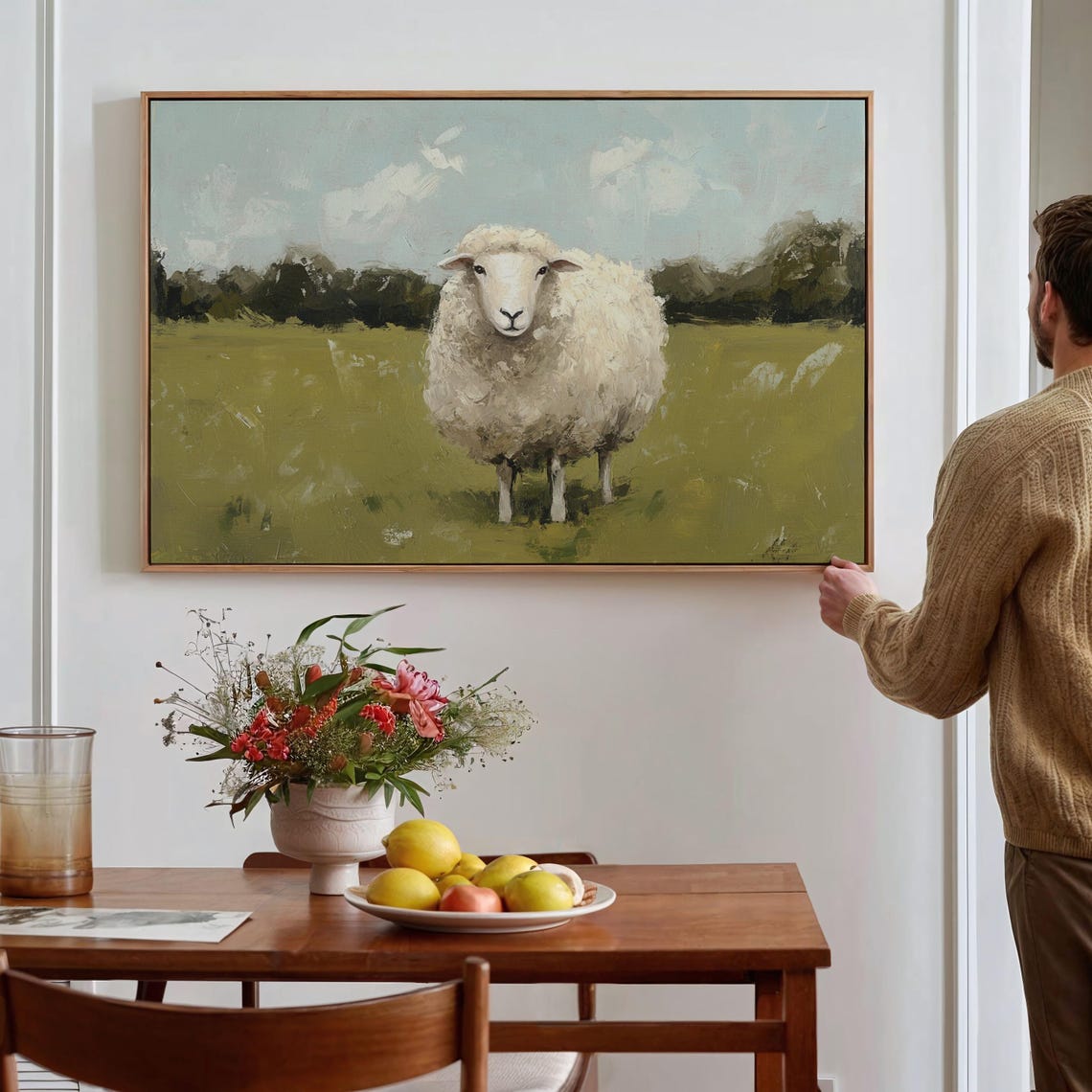 Rustic White Sheep Portrait in Meadow Textured Oil Painting Poster - Image 2